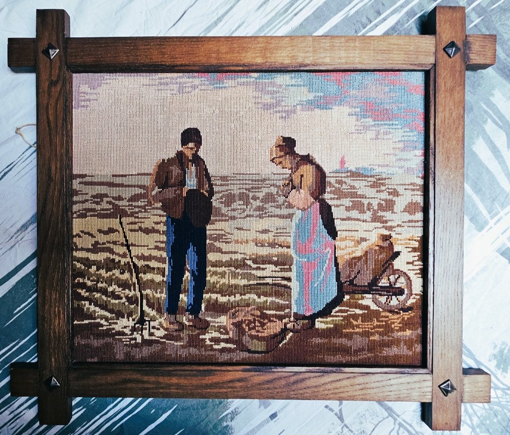Borduurwerk naar Millet in houten sierlijst 62x73 ‘Angelus’, 62 cm, Meerkleurig, Textiel, Ophalen of Verzenden