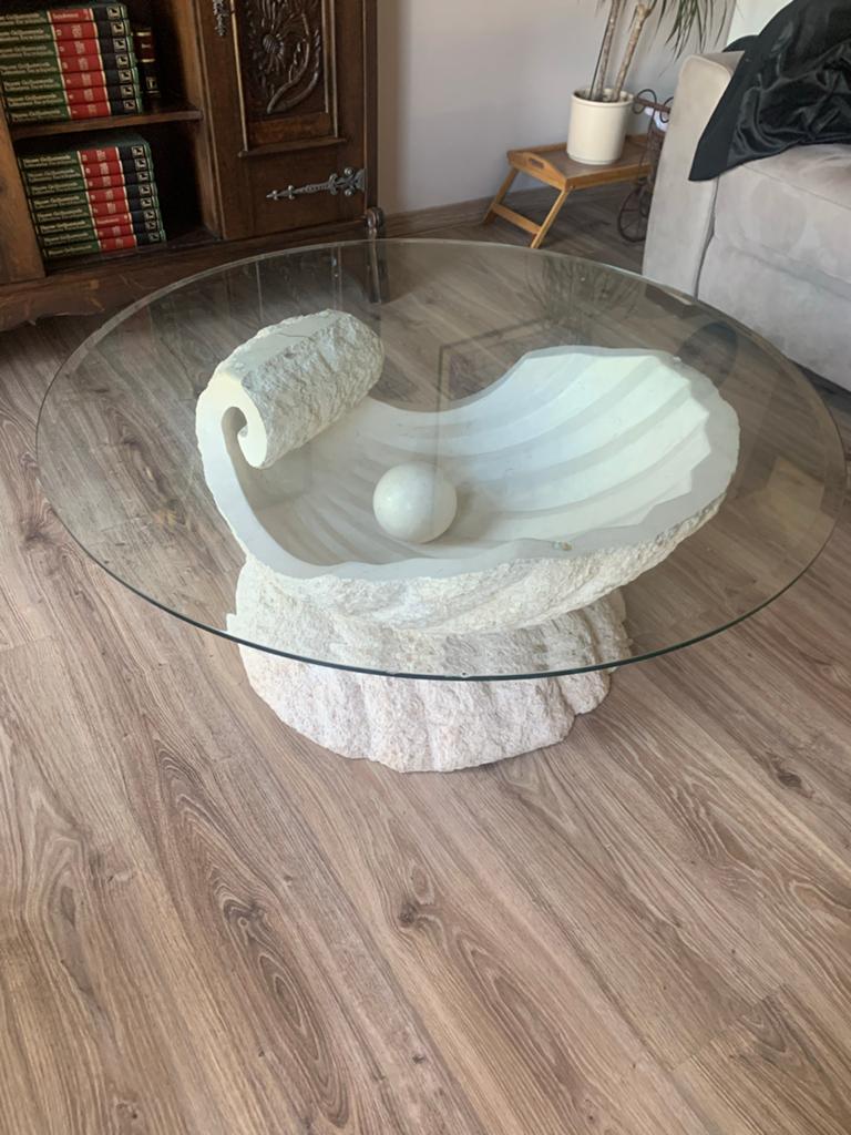 Set: vintage schelptafels van natuursteen en glas (set), Huis en Inrichting, Tafels | Salontafels, Gebruikt, 100 tot 150 cm, 50 tot 75 cm