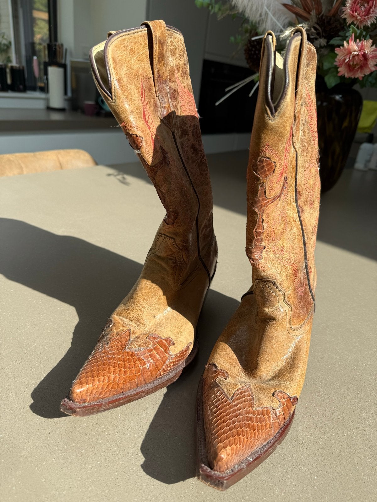 Handgemaakte Mexicaanse Slangenleren dames Cowboy Boots, Ophalen of Verzenden, Zo goed als nieuw, Bruin, Lage of Enkellaarzen