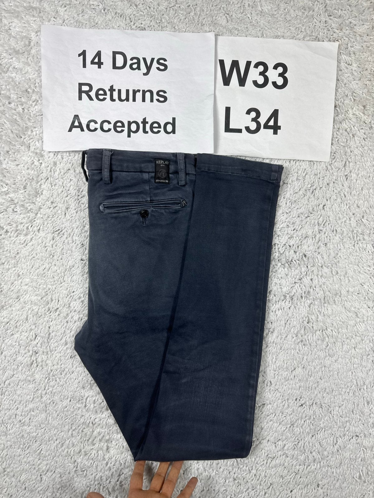 Replay Zeumar Hyperflex Chino Slim Donkerblauw W33 L34 2967, Kleding | Heren, Spijkerbroeken en Jeans, Blauw, Ophalen of Verzenden
