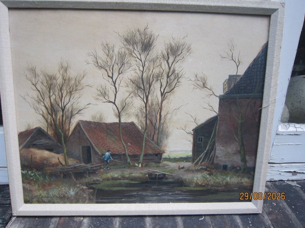 Hendrik DUIVERMAN, (P.Scheen), Boerderijtafereel met kippen, Antiek en Kunst, Ophalen of Verzenden, Expressionistisch, Aquarel