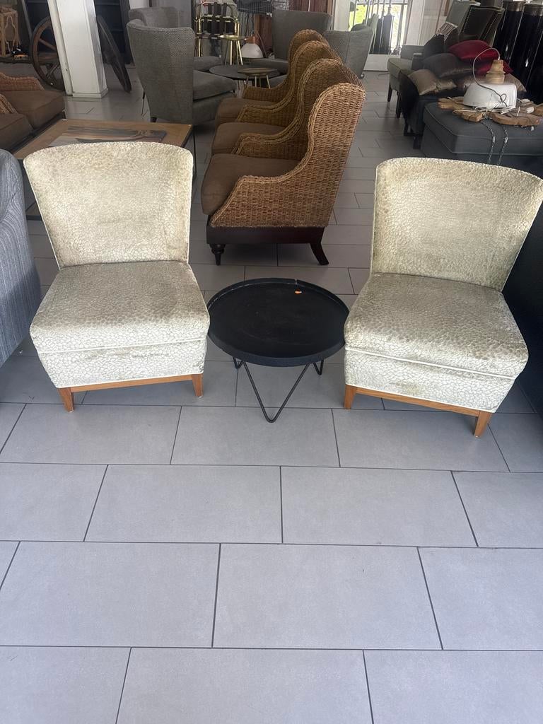 Set van 2 Vintage Fauteuils - Crèmekleurig Stof, Twee, Overige kleuren, Ophalen of Verzenden, Zo goed als nieuw