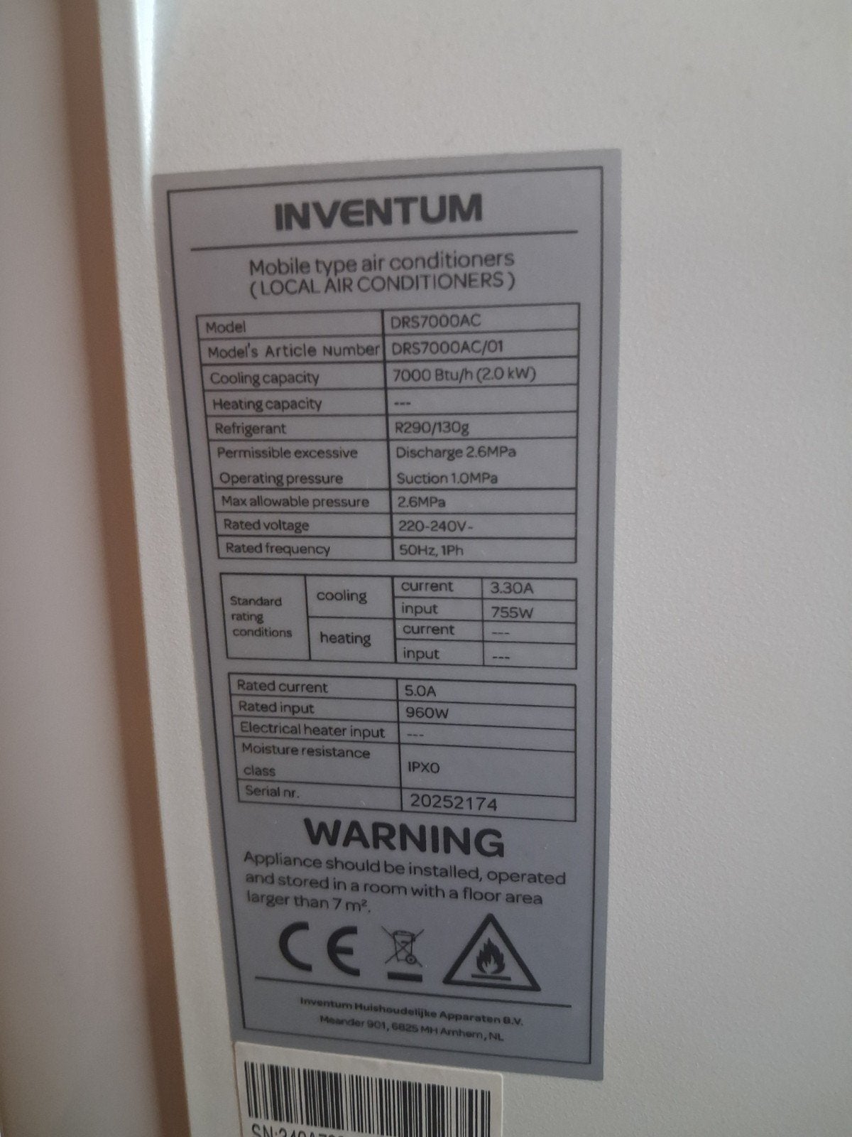 mobiele airco inventum, Ophalen, Minder dan 60 m³, 3 snelheden of meer, Zo goed als nieuw