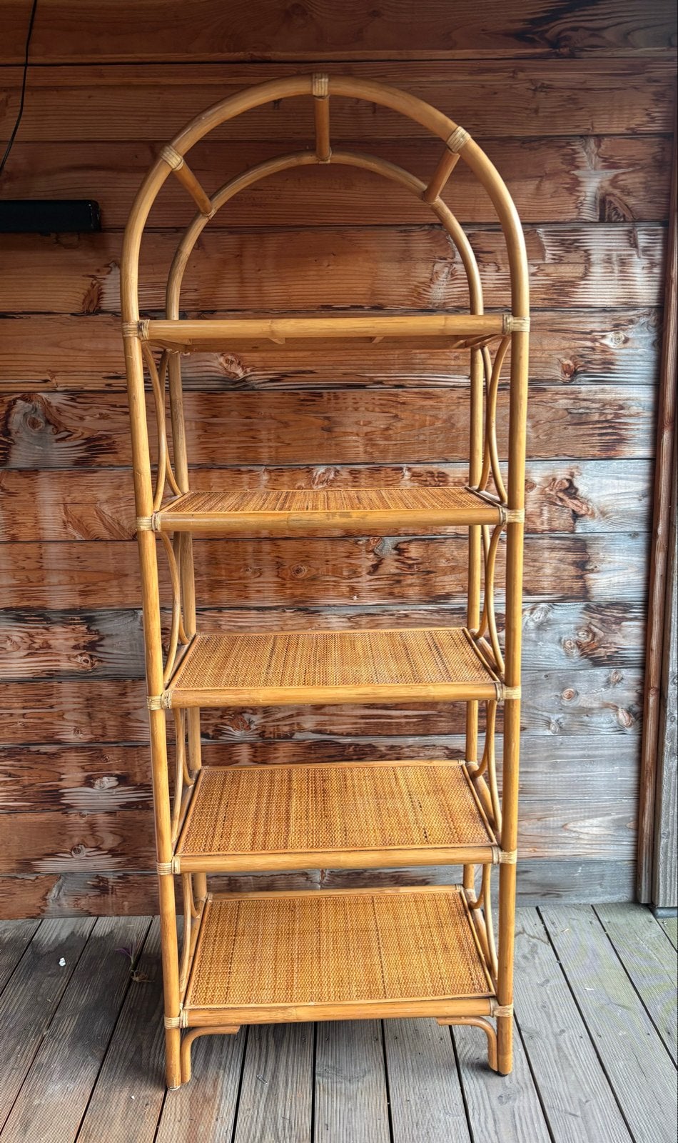 Vintage rotan boekenrek met 5 planken, Ophalen, Gebruikt, 50 tot 100 cm, 150 tot 200 cm