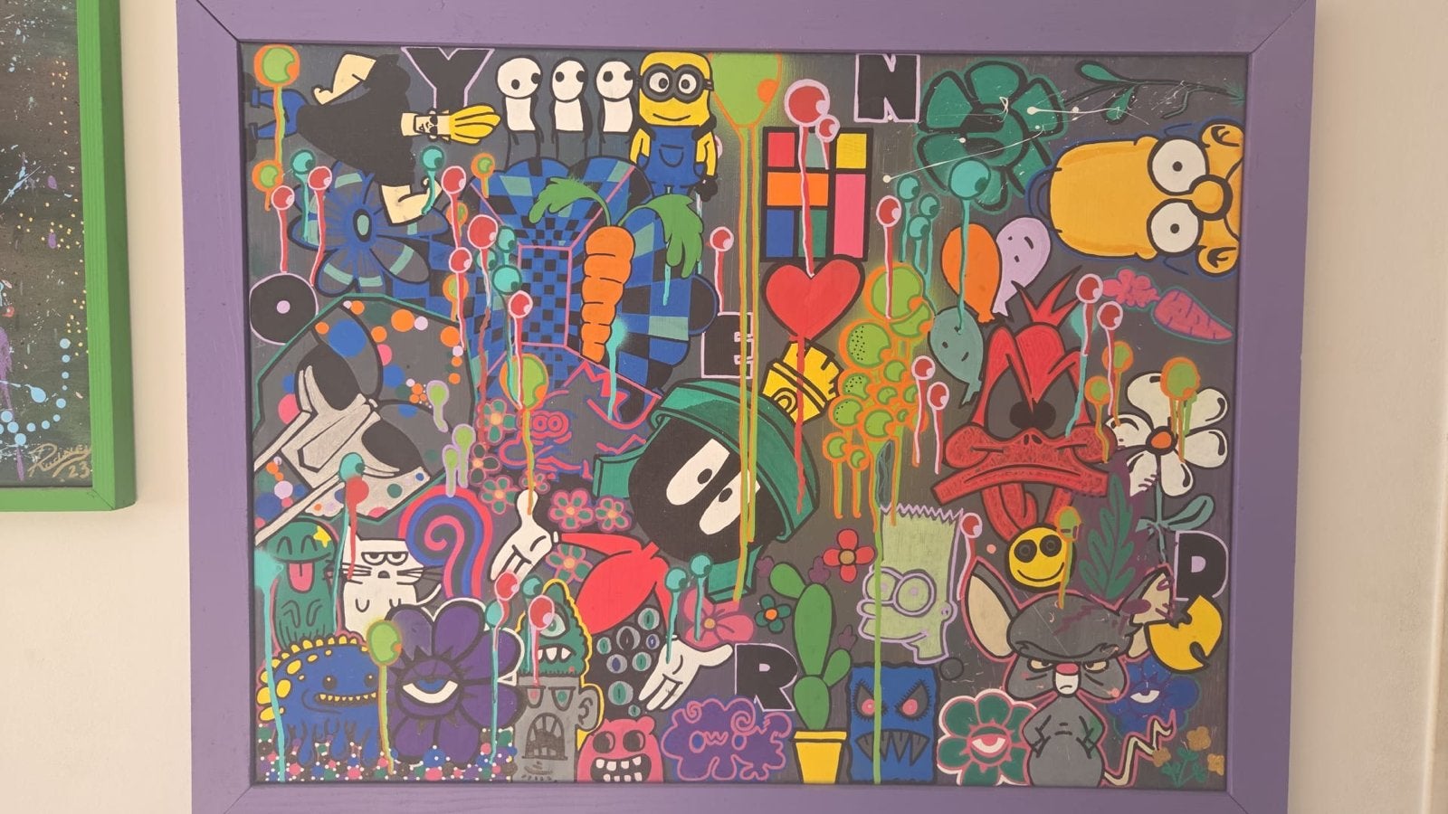Modern Pop Art Schilderij met Cartoonfiguren, Antiek en Kunst, Acrylverf, Handgeschilderd, Ophalen of Verzenden, Overige materialen