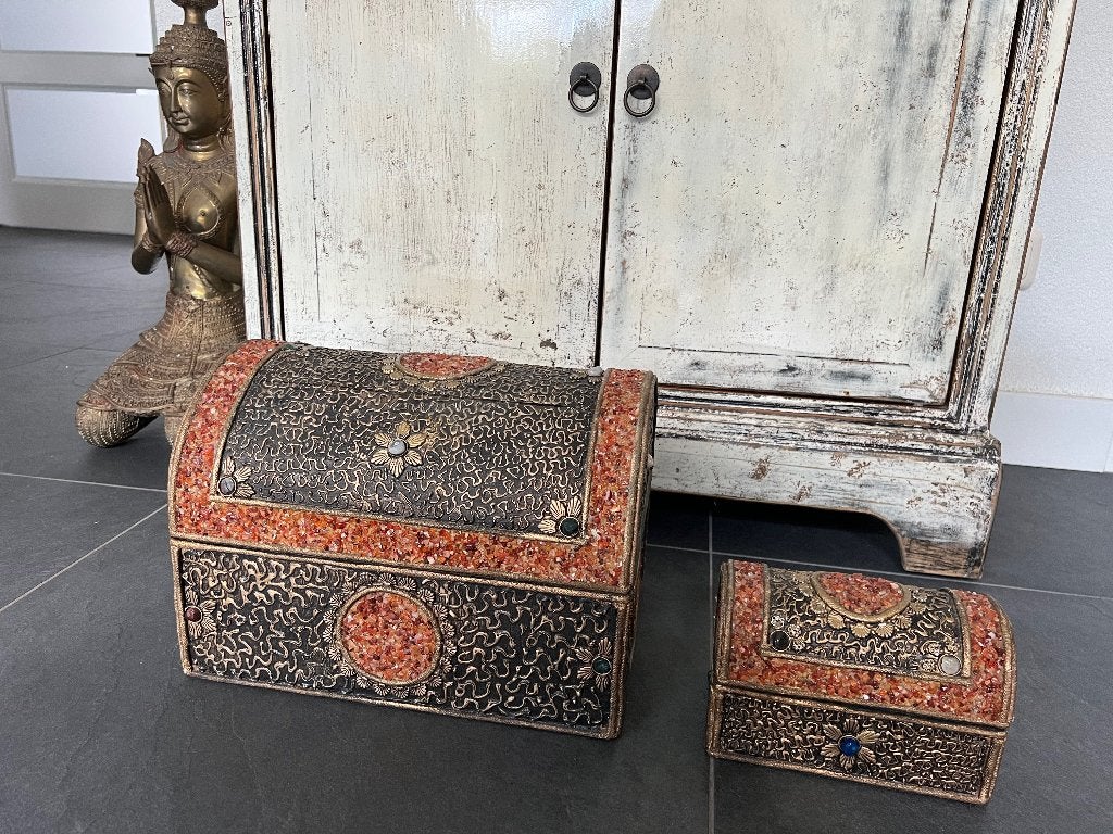Thailand handwerk kist set stenen en metaal bewerkt oosters, Gebruikt, Minder dan 50 cm, Ophalen of Verzenden, https://verburgtvintage.nl/#contact