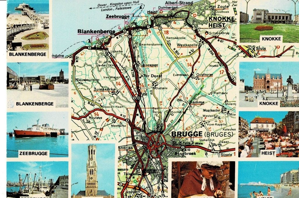 Oude kaart van Brugge, Blankenberge, Zeebrugge en Knokke, Ophalen of Verzenden, 1960 tot 1980, Gelopen, België en Luxemburg