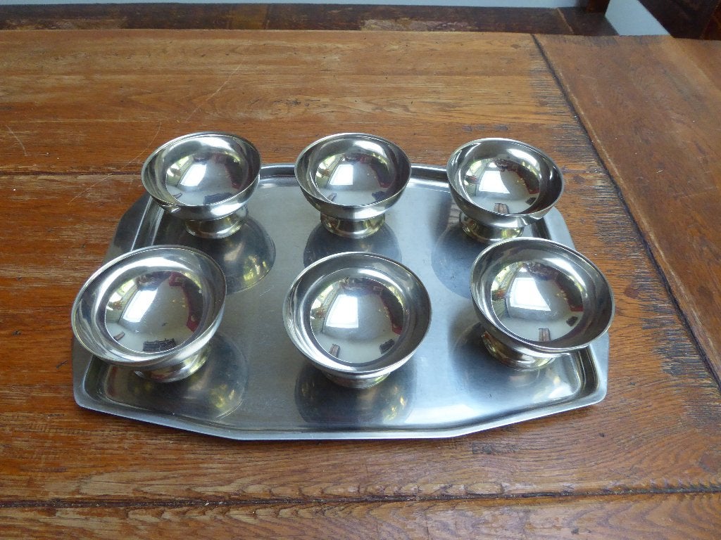 6 vintage rvs dessertcoupes met dienblad, Ophalen of Verzenden