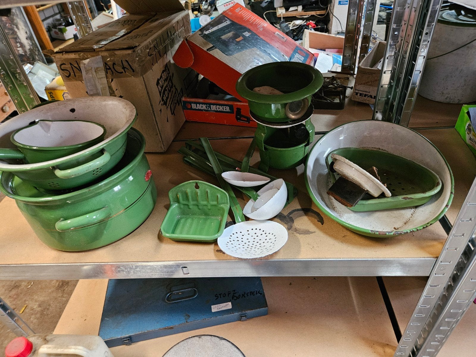 Groene geëmailleerde keukenspullen set, Antiek en Kunst, Antiek | Emaille, Ophalen of Verzenden