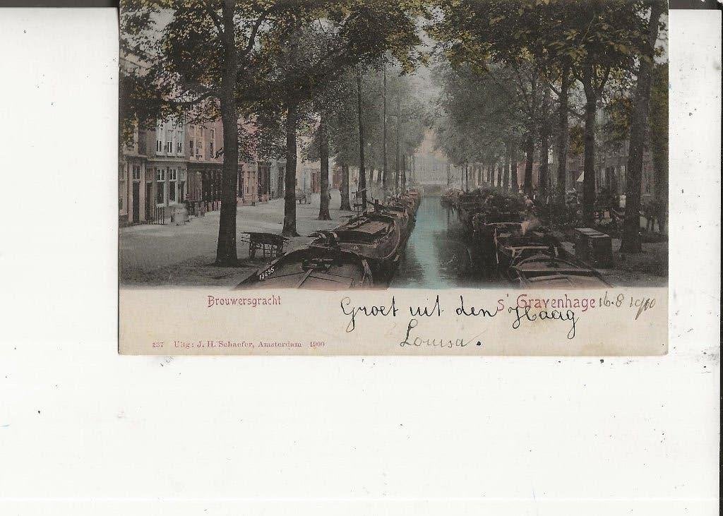 Den Haag Brouwersgracht met vrachtschuiten 16-8-1900, Verzamelen, Ophalen of Verzenden, Voor 1920, Gelopen, Zuid-Holland