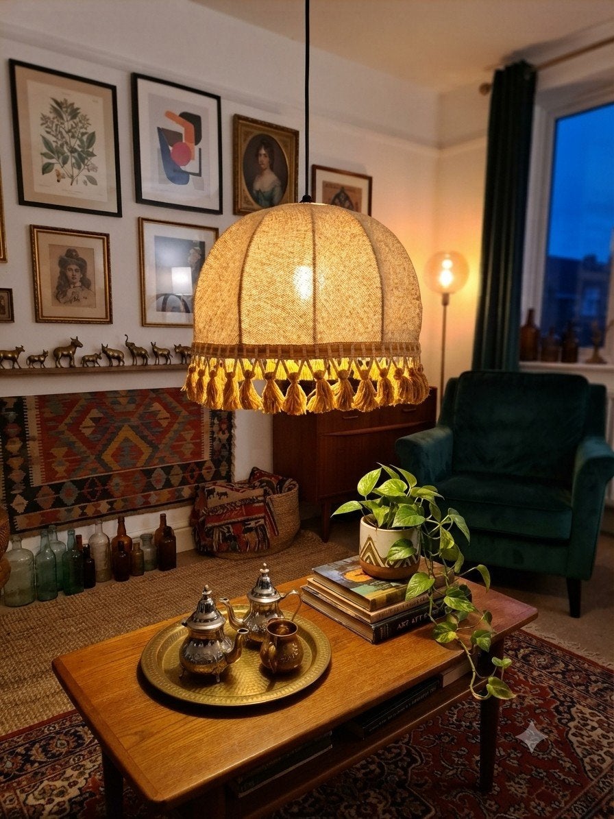 Boho Hanglamp met Mosterd Franjes - Vintage Textiel, Huis en Inrichting, Lampen | Hanglampen, Ophalen of Verzenden, Zo goed als nieuw