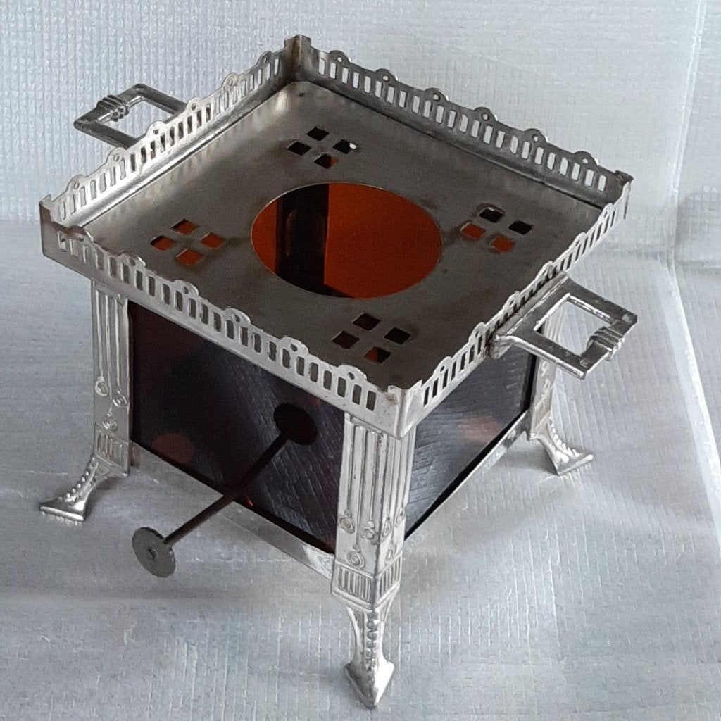 Mooi oud theelicht met bruin glas, incl. brander + lont, Antiek en Kunst, Ophalen