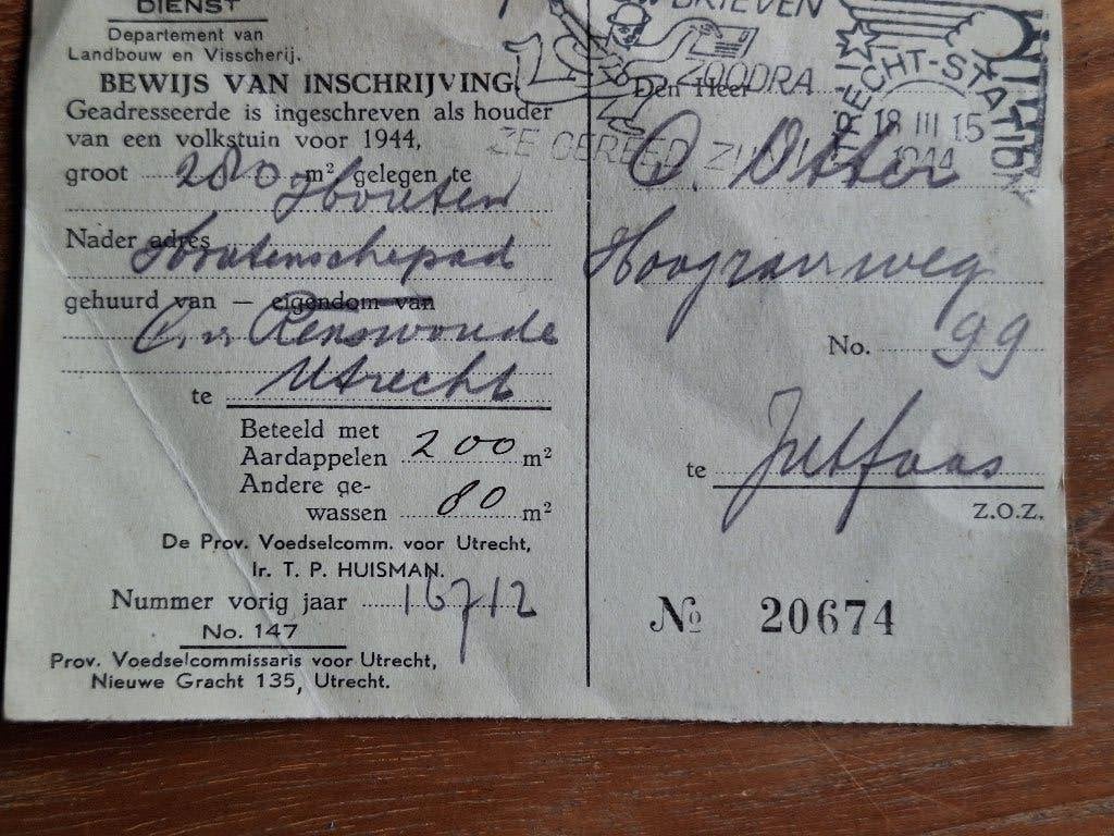 Bewijs van Inschrijving Volkstuin 1944 Utrecht - Oorlogsdoc, Ophalen of Verzenden, Overige soorten, Nederland, Boek of Tijdschrift