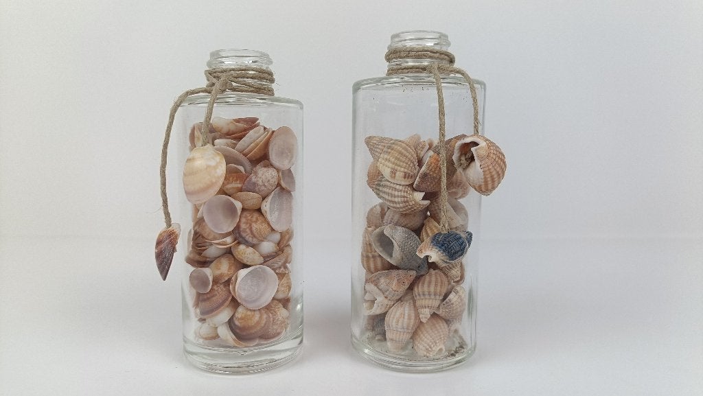Glazen potjes met schelpjes en touw, Meerkleurig, Verzenden, Nieuw, Mediterraans