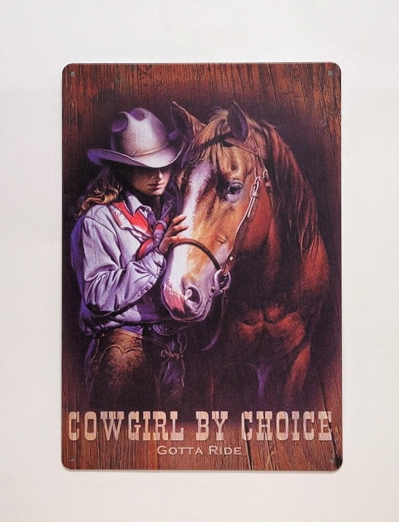 Cowgirl by choice paard reclamebord van metaal wandbord deco, Info@deconoord.nl, Deco Noord, Nieuw, Ophalen of Verzenden