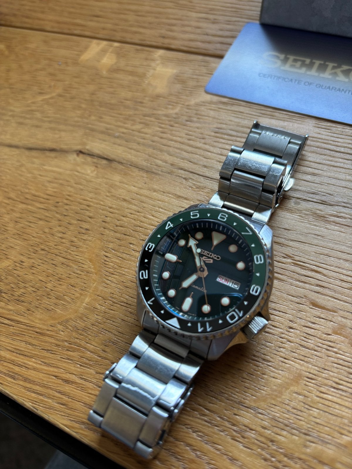 Seiko 5 S Automaat Groen Mod Saffierglas Keramische Bezel, Seiko, Gebruikt, Staal, Polshorloge