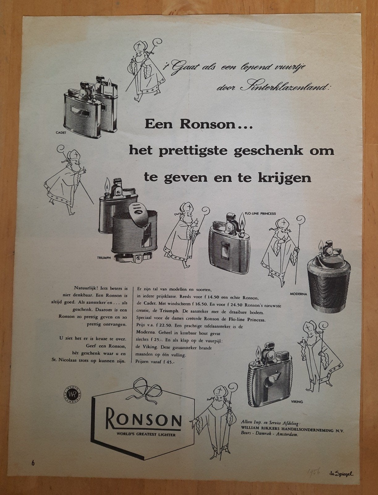 Sinterklaas - Advertentie Ronson aanstekers - 1956, Ophalen of Verzenden, 1940 tot 1960, Knipsel(s)