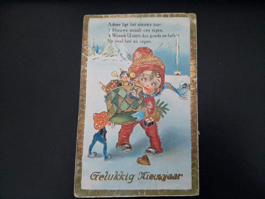 Oude reliefkaart, meisje, rode muts, goudrand, met wensje, Verzenden, 1920 tot 1940, Gelopen