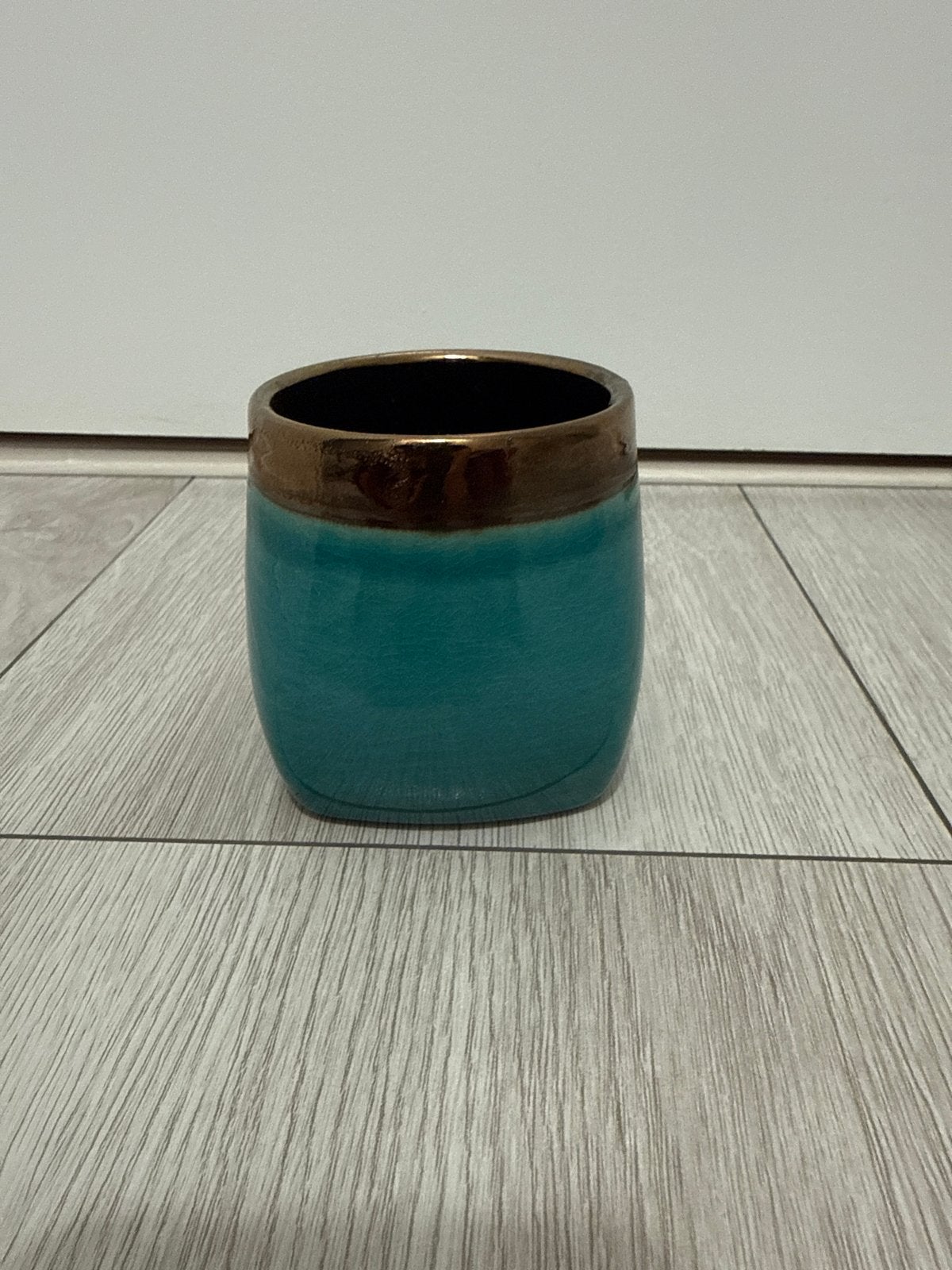 Decoratieve turquoise pot met gouden rand, Meerkleurig, Ophalen of Verzenden, Zo goed als nieuw, Modern
