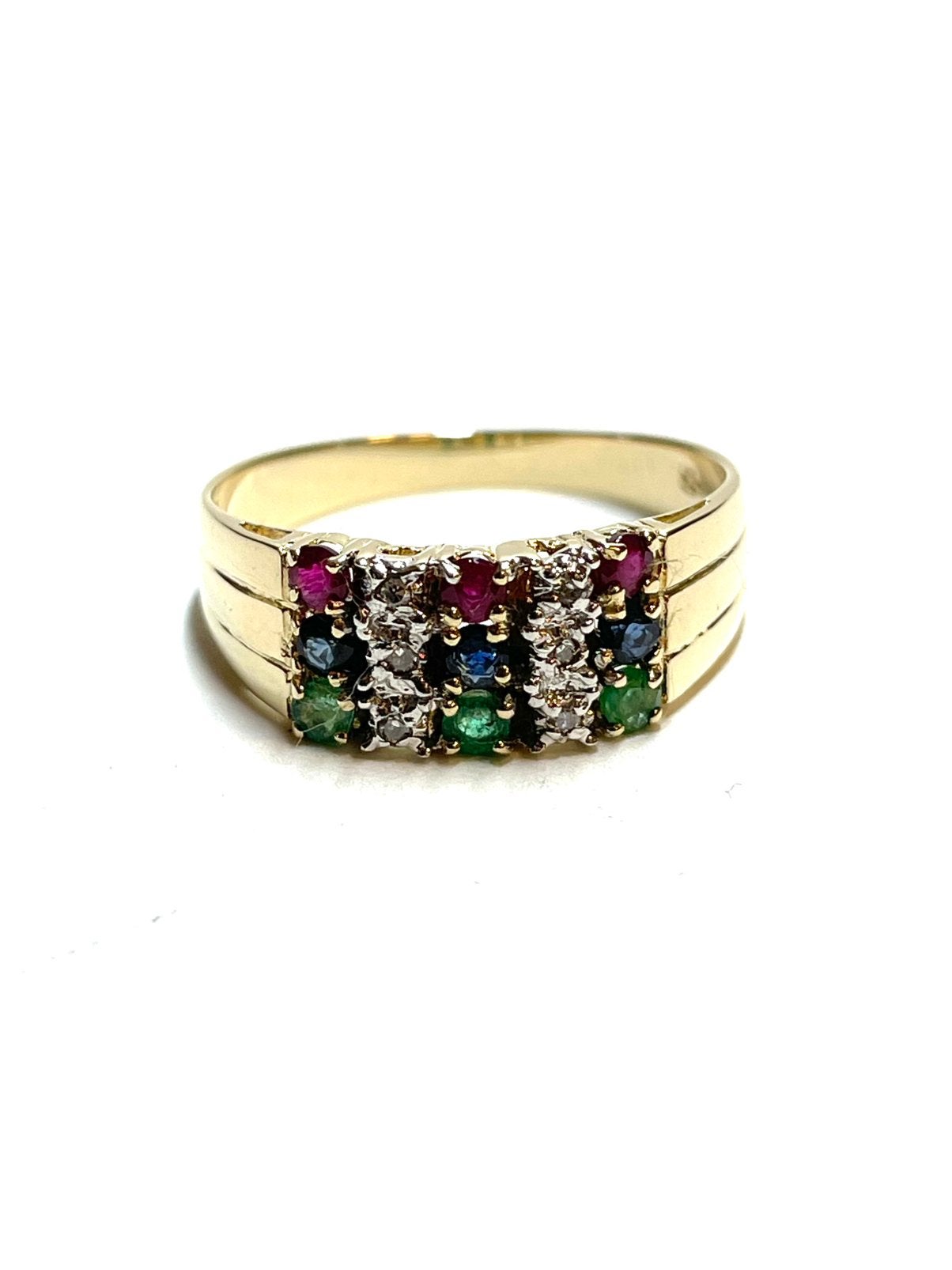 14k gouden ring met robijn, smaragd, saffier en diamant, 18 tot 19, -, -, Ophalen of Verzenden