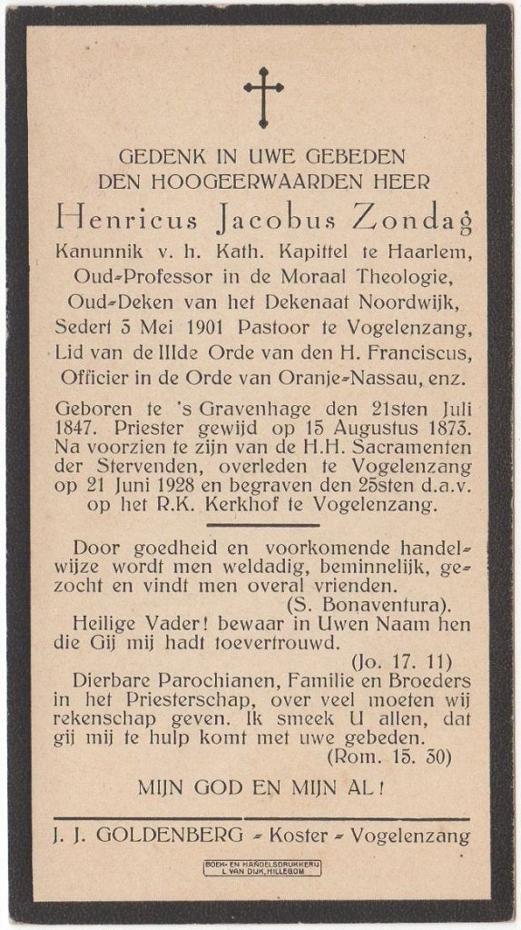 pastoor Henricus J. Zondag 1847 Den Haag + 1928 Vogelenzang, Verzenden