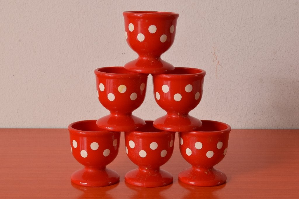 Set van 6 retro vintage eierdopjes met stippen / polkadots, Kunststof, Overige merken, Overige typen, Vintage