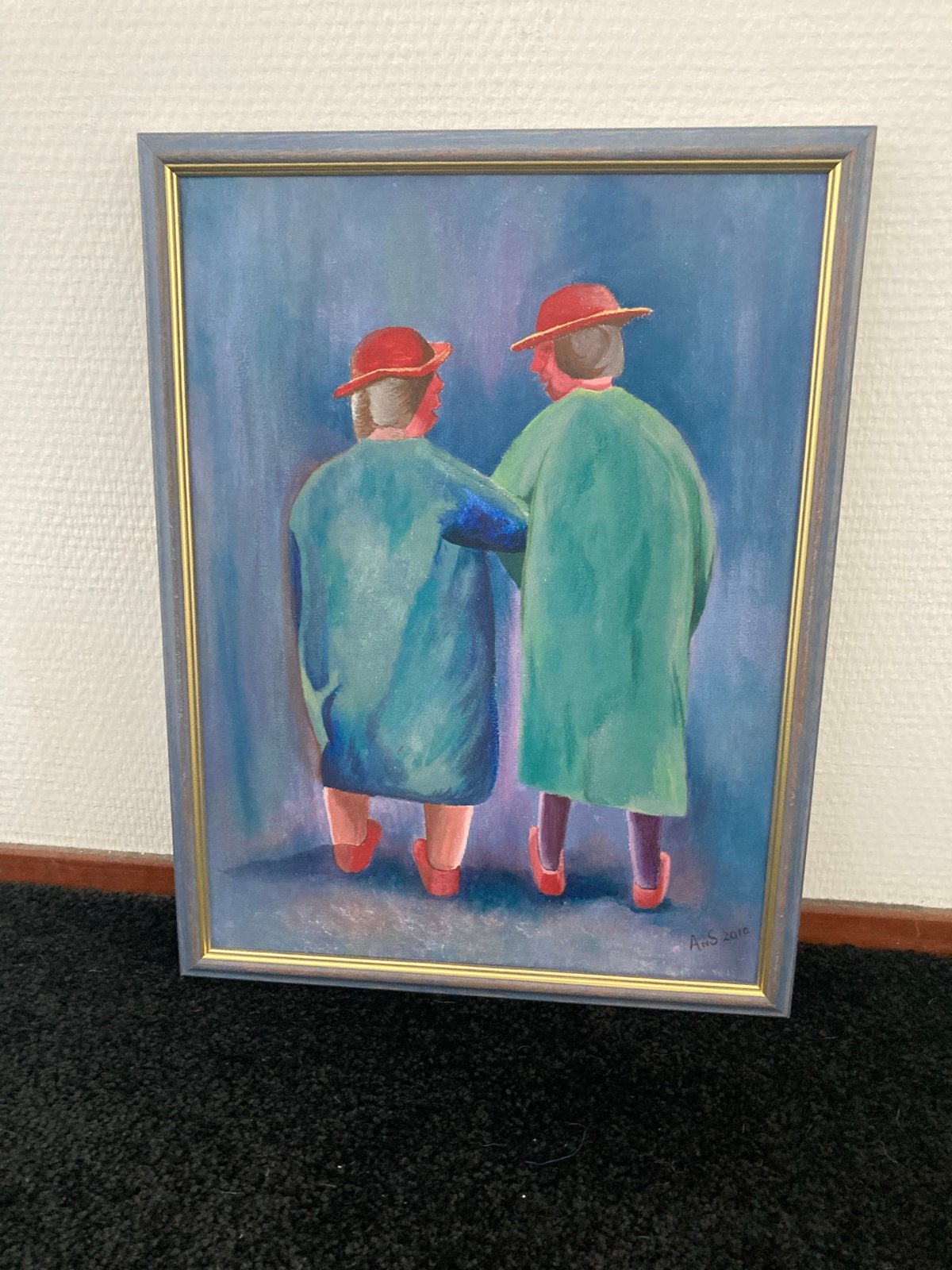 Schilderij 33x43cm: Twee Dames in Groene Jassen, Ophalen of Verzenden