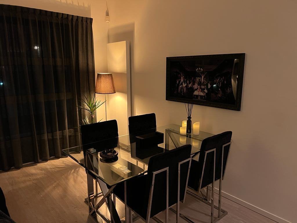Modern glazen Eettafel - Eric Kuster stijl- glas en staal, Huis en Inrichting, Tafels | Eettafels, Glas, 150 tot 200 cm, Rechthoekig
