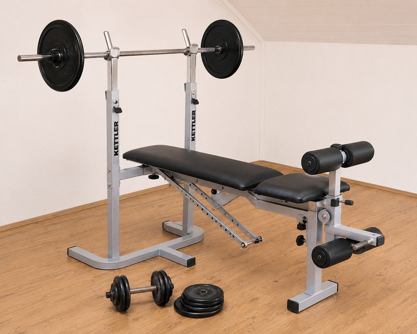 Kettler Benchpress met Leg Extensie en 25kg gewicht, Ophalen