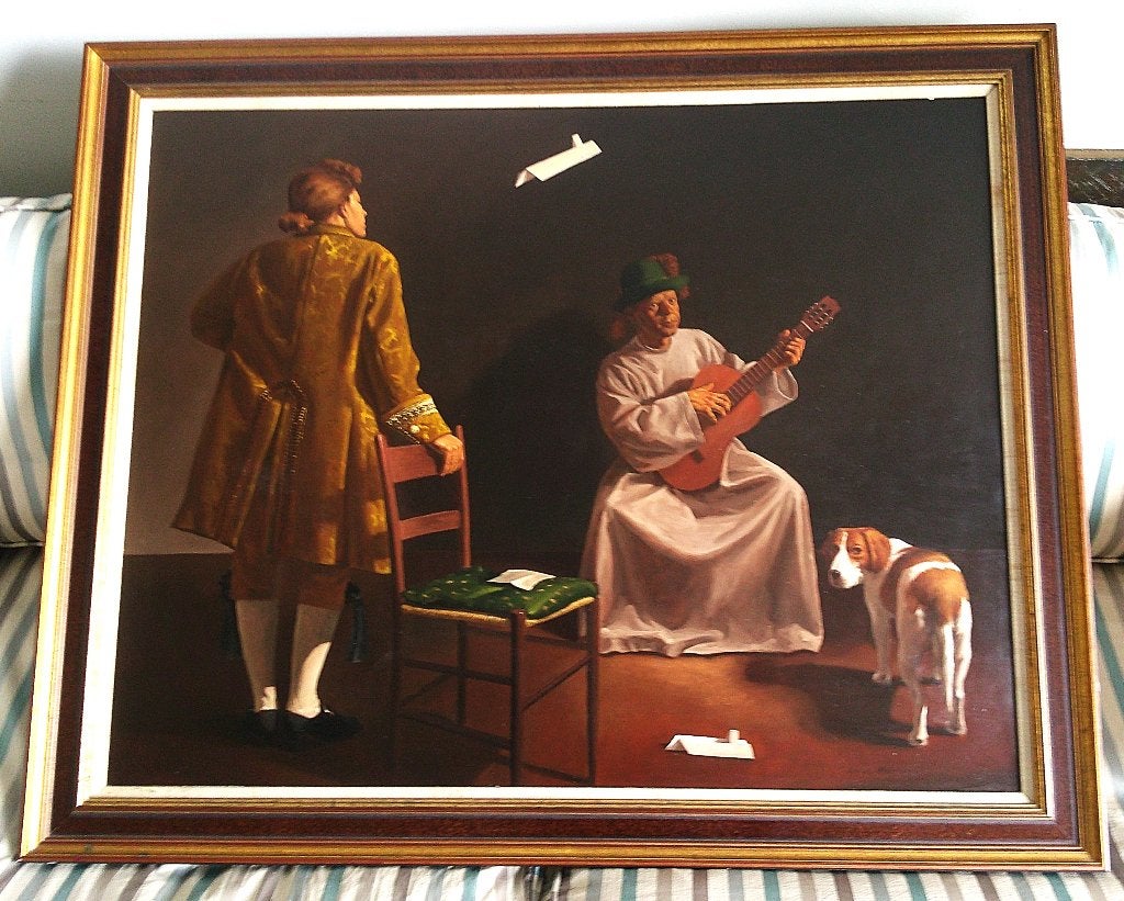 Muzikant (schilder zelf) en hond - A.M. v. Steenbergen 1962-, Ophalen, Paneel, Portret of Personen, Realistisch
