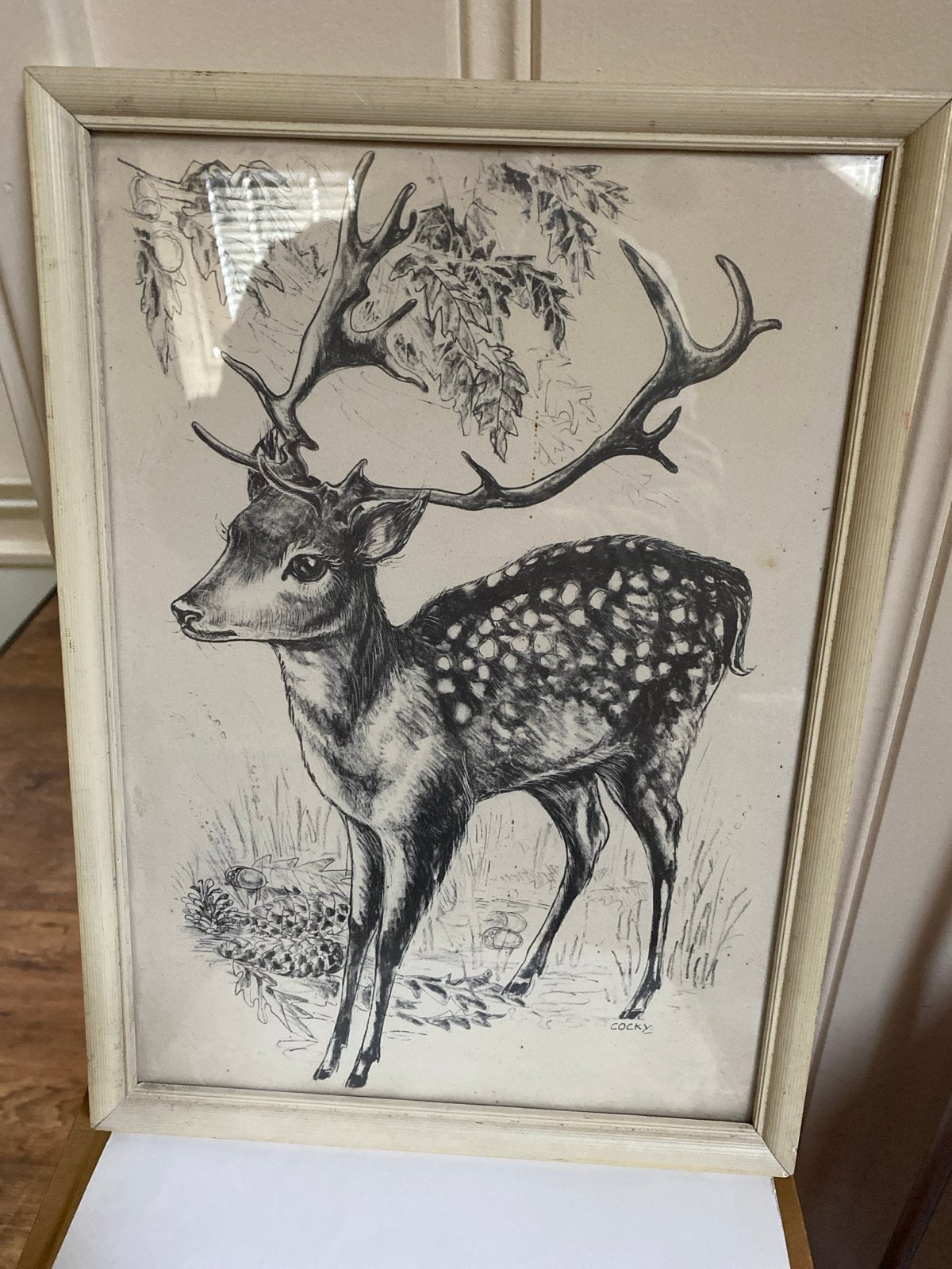 Vintage hert tekening in lijst - jaren '50, Ophalen of Verzenden, Tekening, Potloodtekening, Ingelijst
