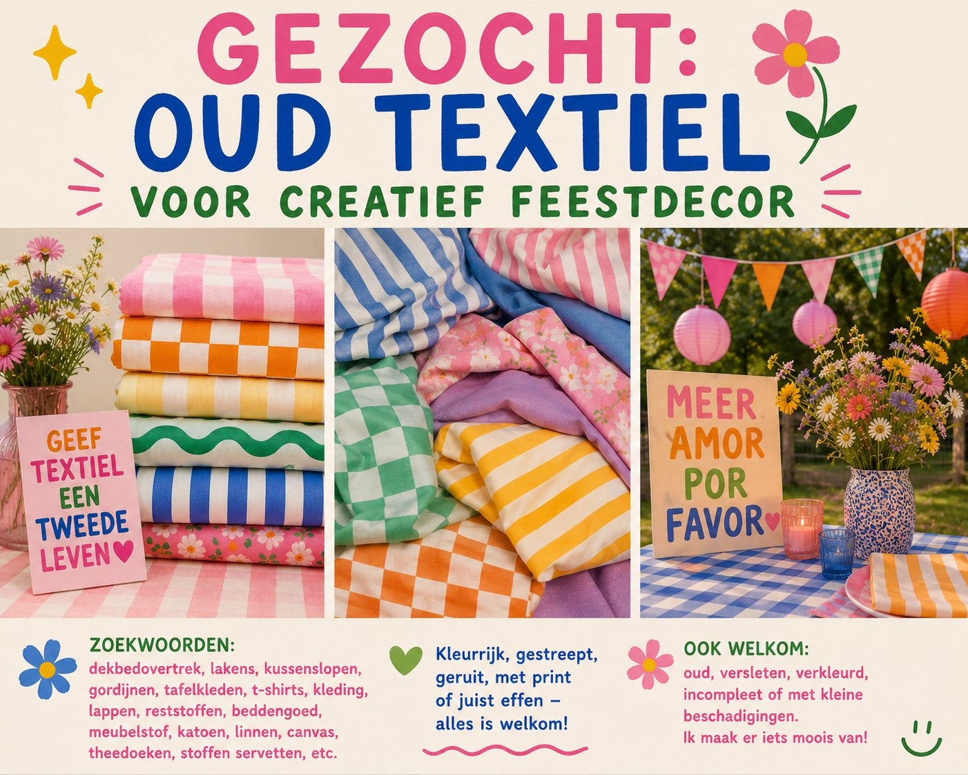 Gezocht: oud textiel voor creatief verjaardagdecor, Ophalen of Verzenden