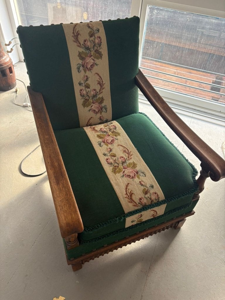 Antieke fauteuil gobelin borduurwerk – groen, hout, ca. 1900, Ophalen