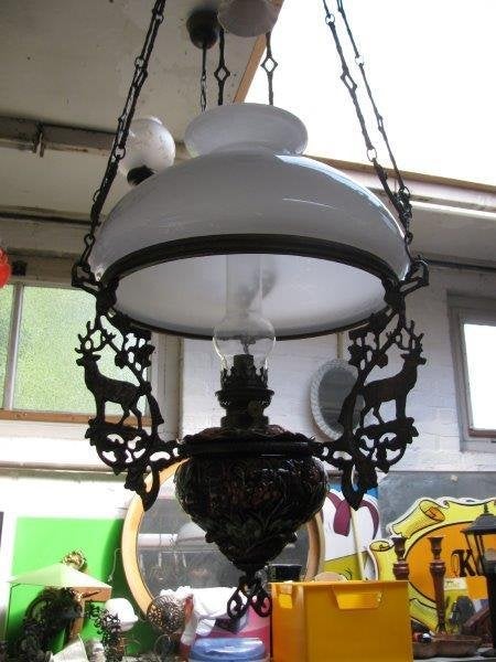 Antieke petroleum hanglamp met 35 cm kap €100, Ophalen of Verzenden