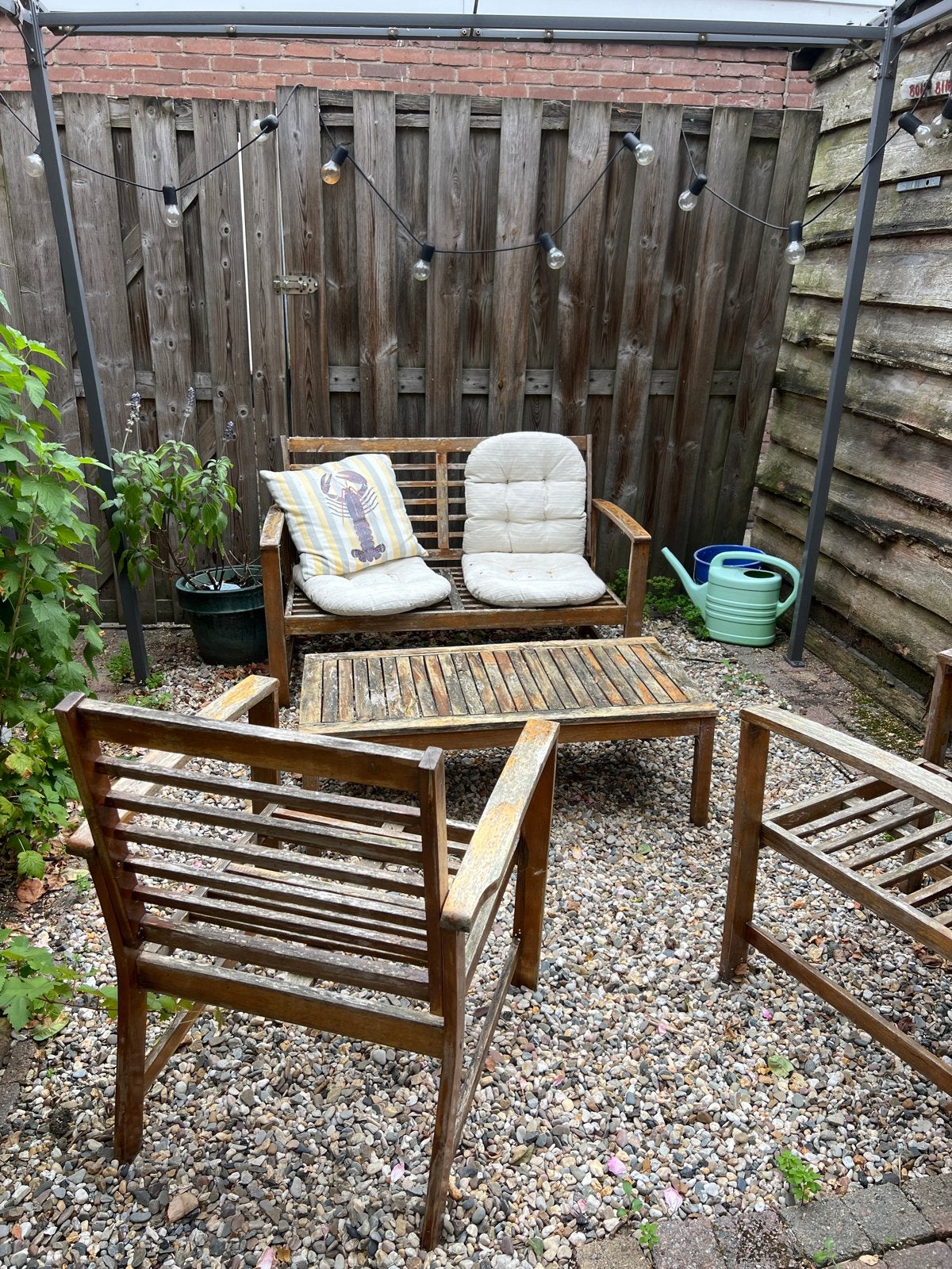 Houten tuinset met bank en stoelen, Tuin en Terras, Ophalen, 4 zitplaatsen, Gebruikt, Hout