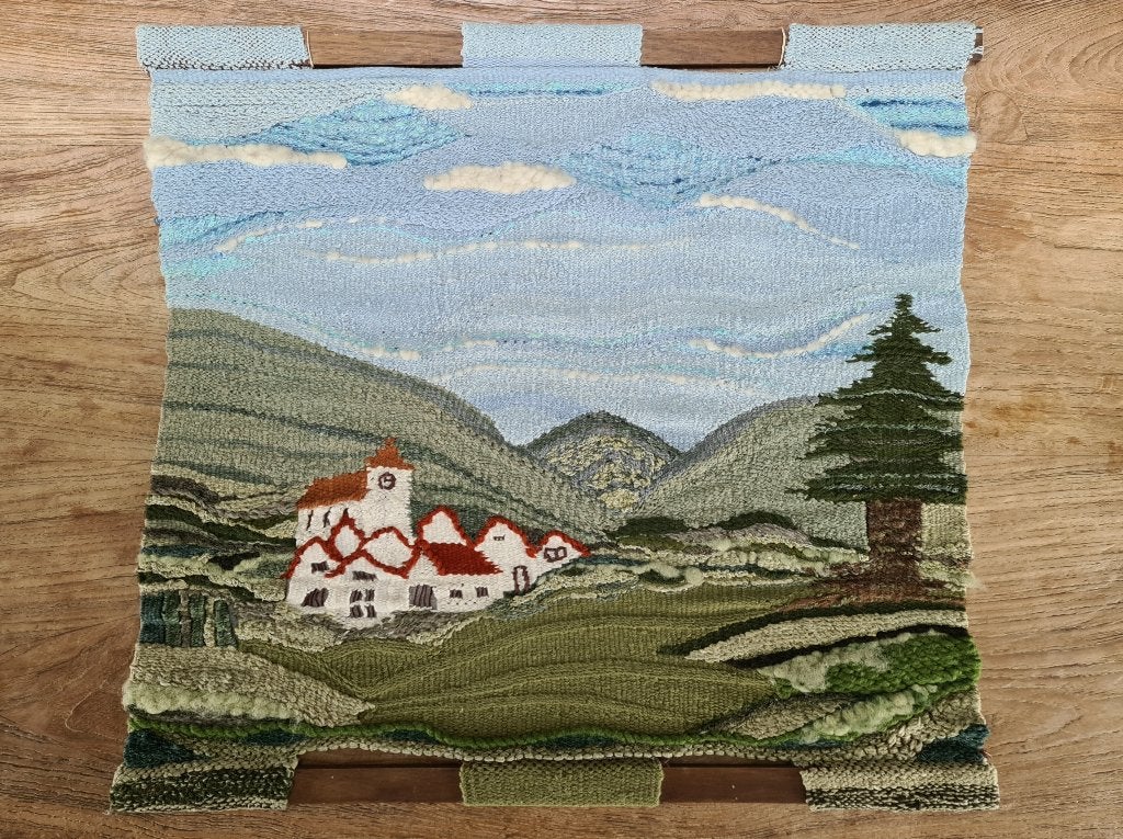 div. vintage wandkleed berg-landschap handgeknoopt 73x80cm, Ophalen of Verzenden, Gebruikt, Natuurlijk materiaal, Wandkleed