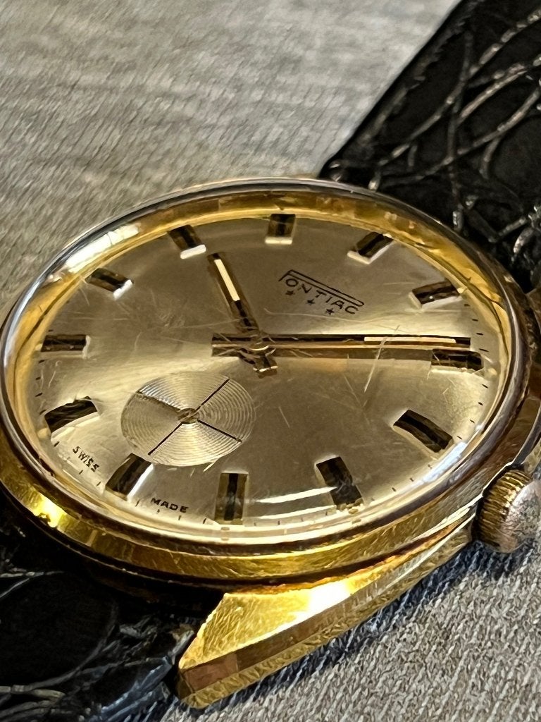 Pontiac Horloge Handopwind Verguld 35mm, Overige merken, Staal, Polshorloge, Met bandje