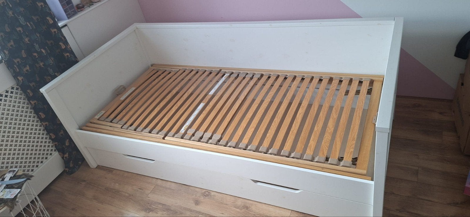 Wit eenpersoonsbed met lades en lattenbodem, Ophalen, 90 cm, Eenpersoons, Wit