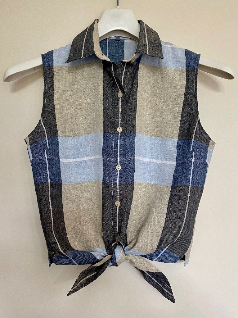 blauw-beige-wit geruite mouwloze blouse  van linnen (Stroke), Kleding | Dames, Maat 38/40 (M), Blauw, Nieuw, Ophalen of Verzenden