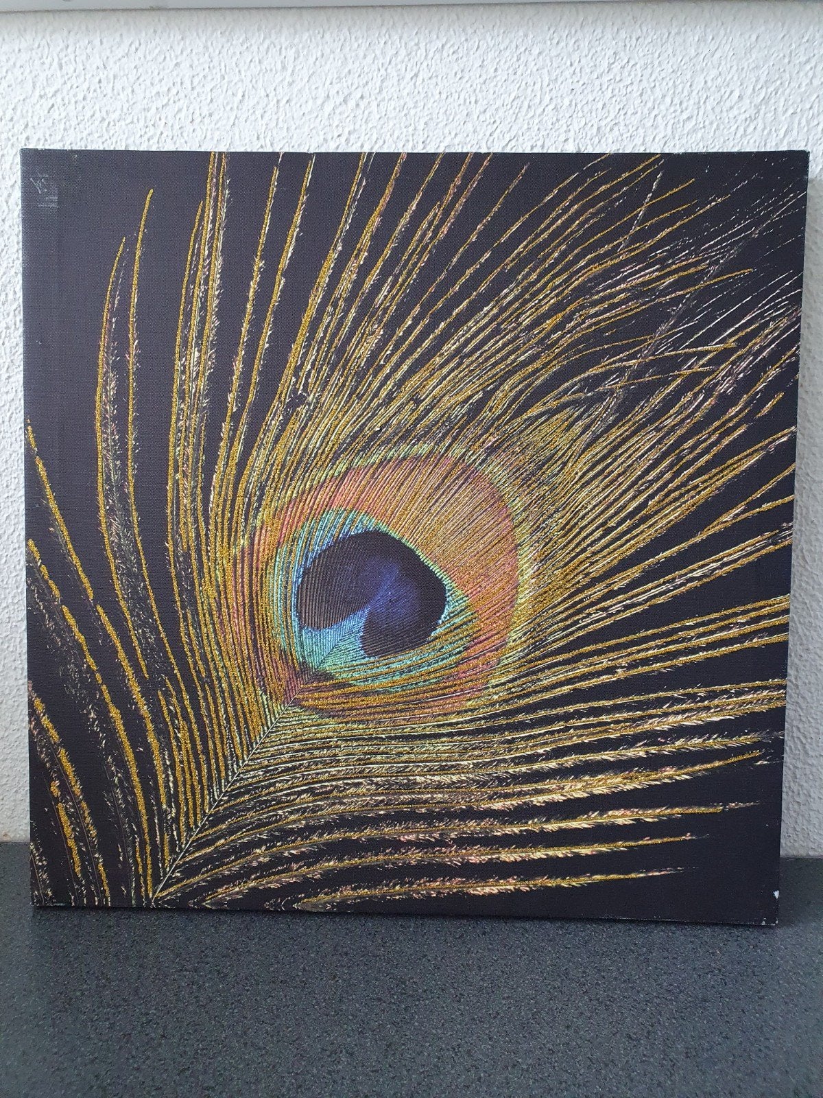 Schilderij Pauwenveer met 3D goud effect 38x38 cm, Antiek en Kunst, Ophalen of Verzenden, Textiel, 3D-effect, Dieren