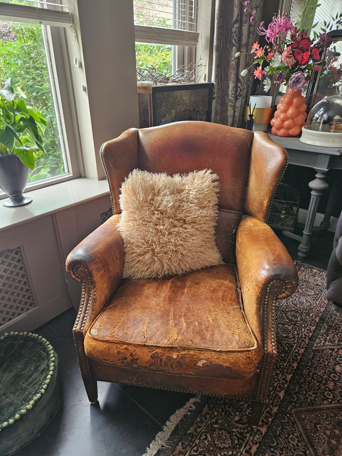 Vintage schapenleren fauteuil, Huis en Inrichting, Gebruikt, 75 tot 100 cm, Ophalen, Vintage, Klassiek, Landelijk