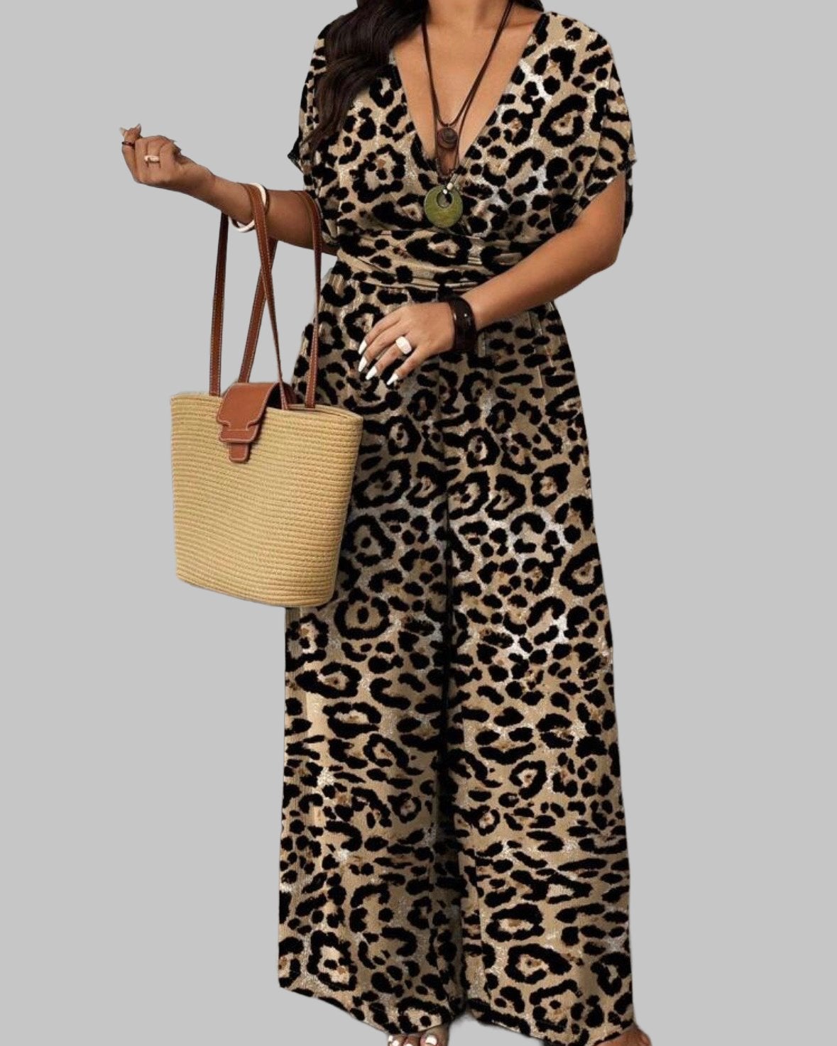 Leopard Print Jumpsuit met V-hals (44-52), Verzenden, Nieuw, Bruin, Broek of Spijkerbroek