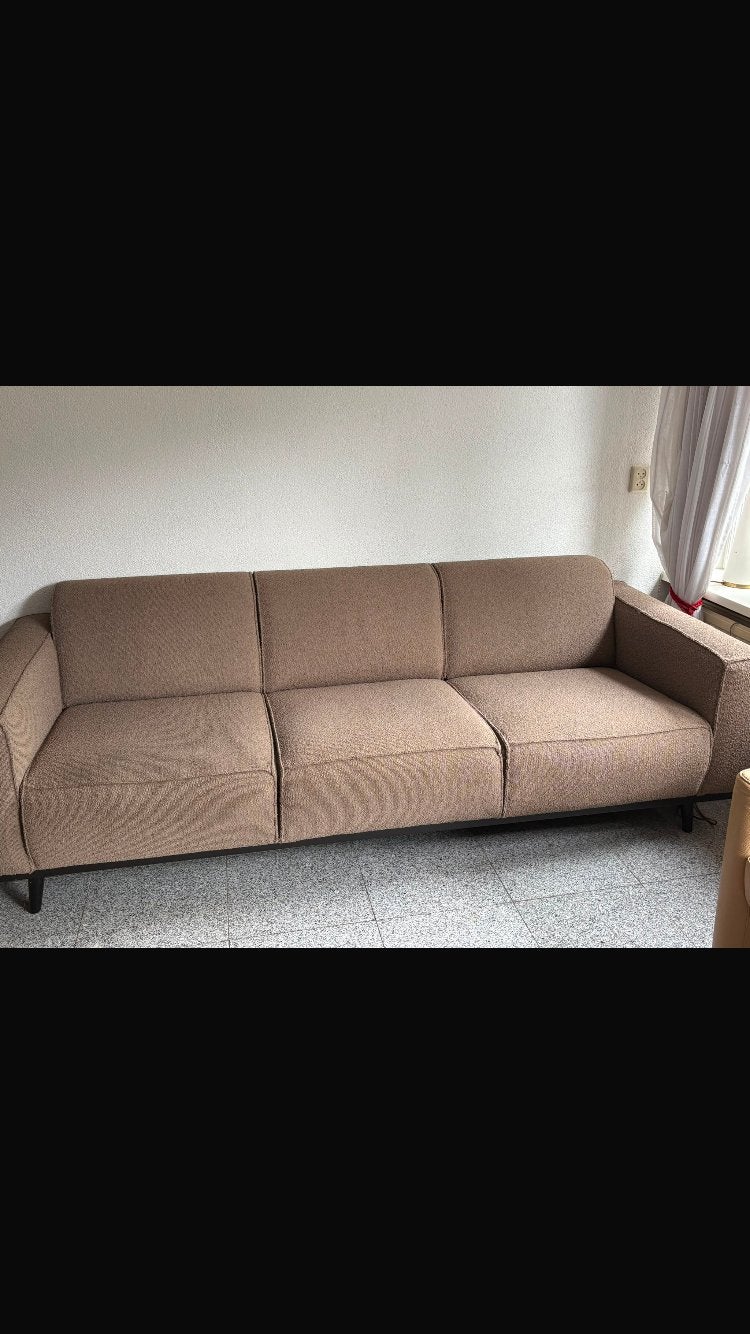 Driezits bank bruin taupe bouclé stof, Huis en Inrichting, Ophalen, Zo goed als nieuw, Stof