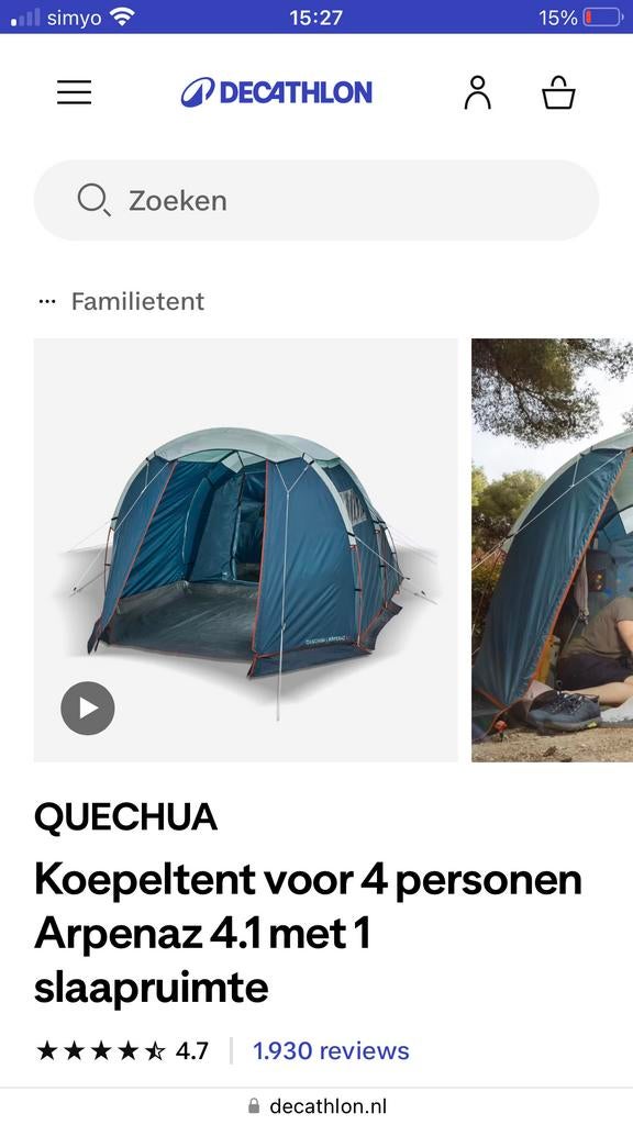 QUECHUA Koepeltent Arpenaz 4.1 - 4 personen, Caravans en Kamperen, Tenten, Verzenden, Gebruikt, Tot en met 4