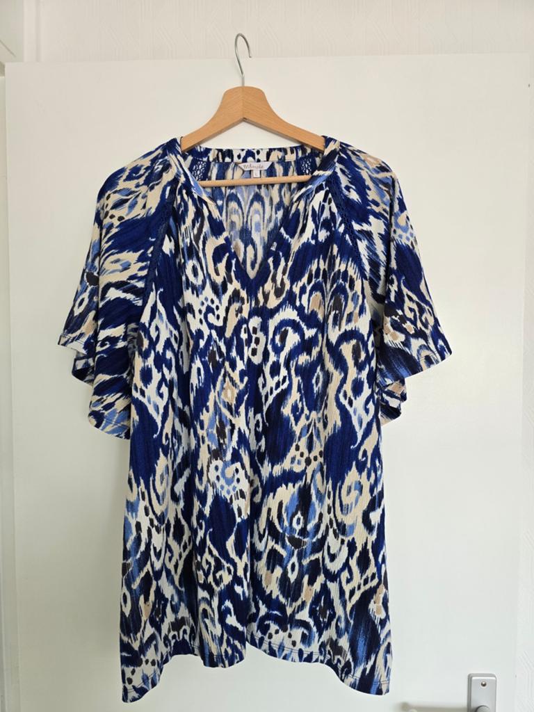MS Mode blauwe print shirt met V-hals | casual chic zomer to, Kleding | Dames, Tops, Maat 42/44 (L), Zo goed als nieuw, Korte mouw