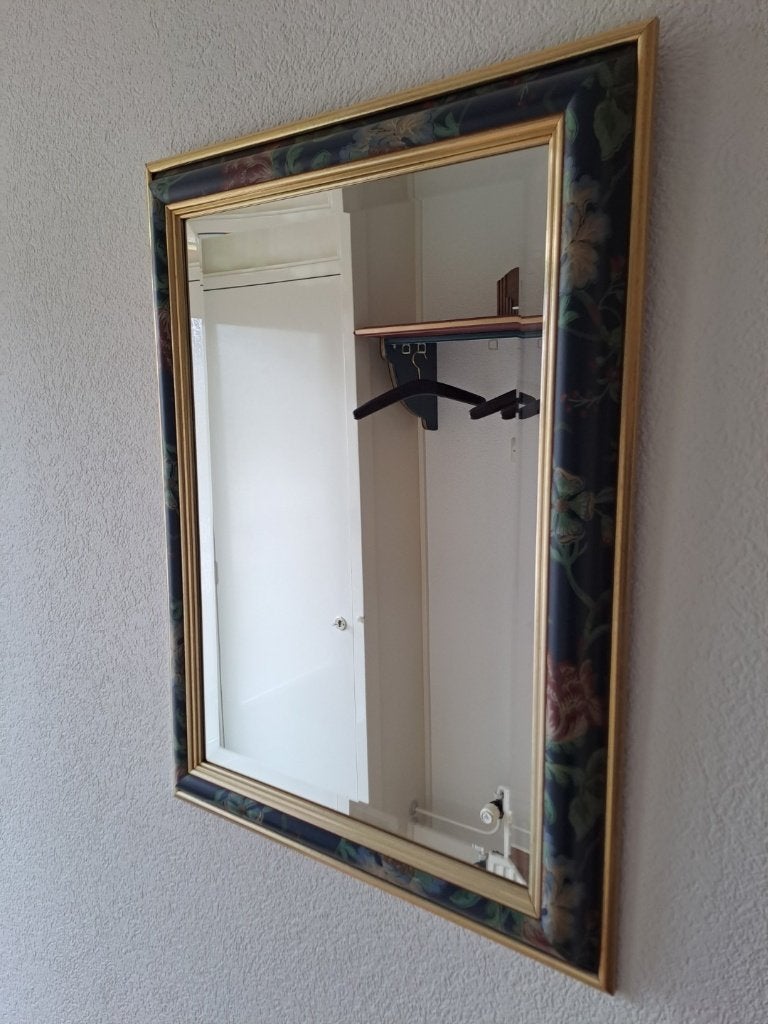 Vintage spiegel met facet geslepen randen met bloemmotief, Ophalen, Zo goed als nieuw, Minder dan 100 cm, Rechthoekig