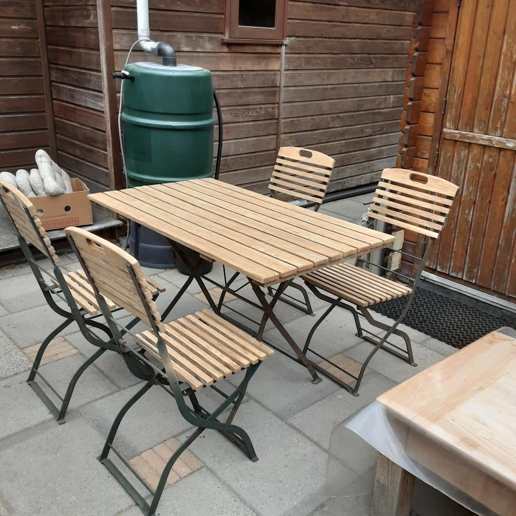 Franse tuinset teakhout inklapbaar tafel met 4 stoelen, Ophalen, 4 zitplaatsen, Gebruikt, Teakhout