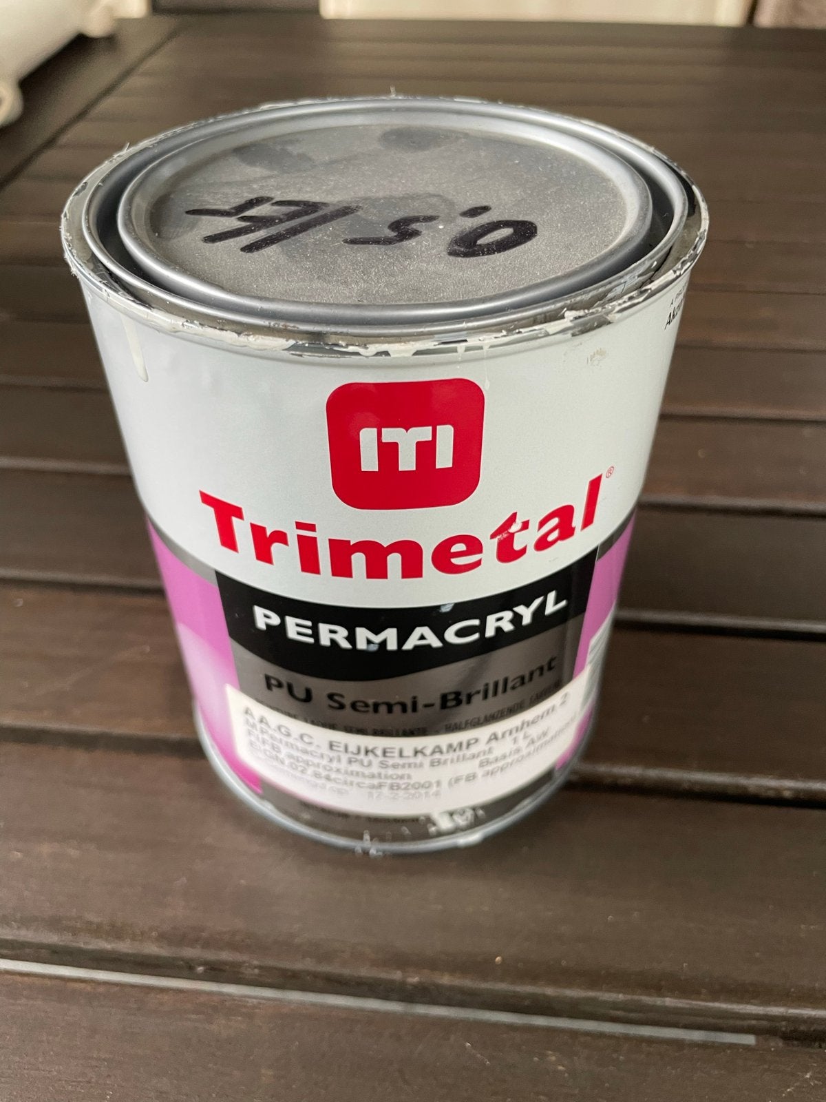 Trimetal Permacryl PU strong white Semi-Brillant 0,5 liter, Gebruikt, Overige kleuren, Ophalen of Verzenden, Lak