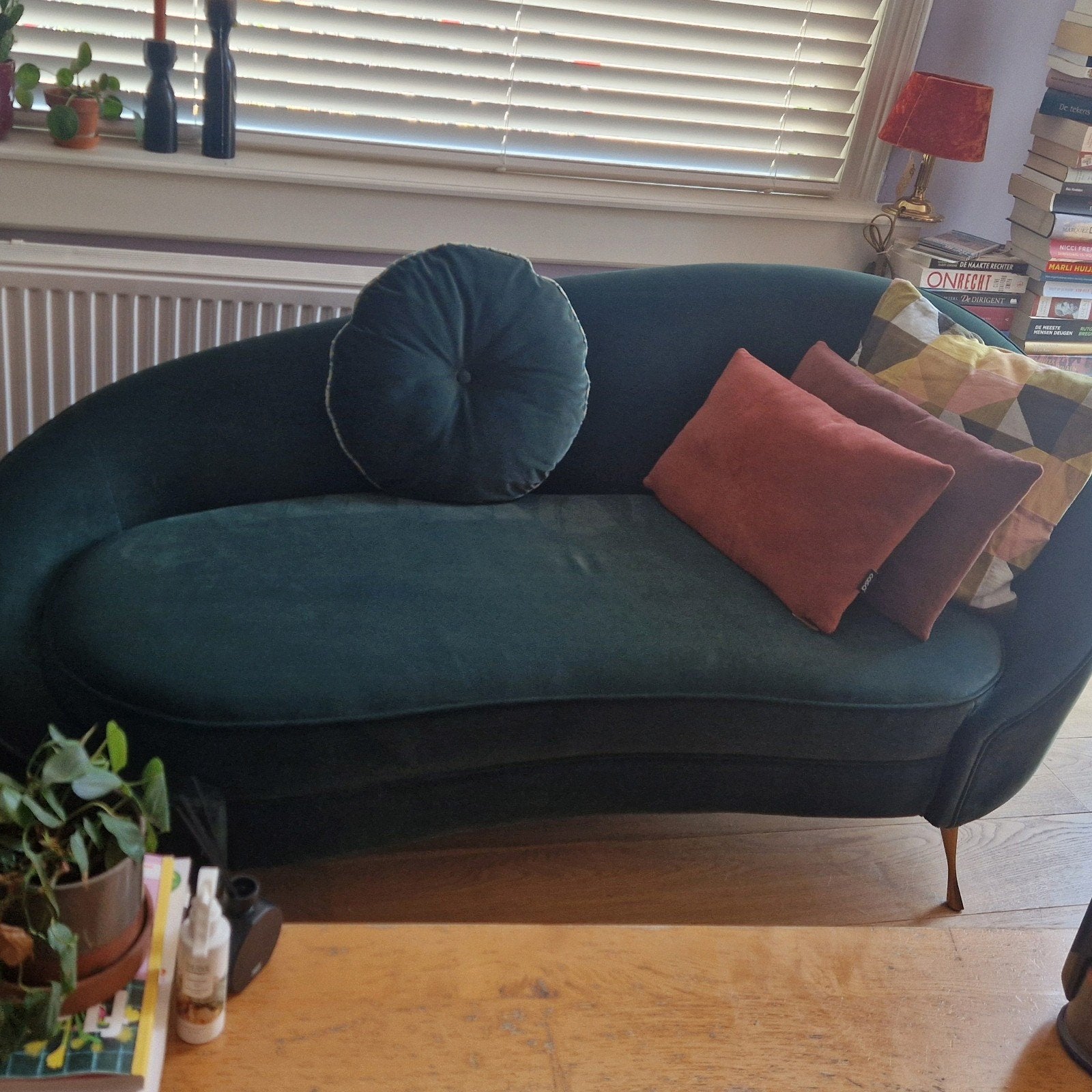 Stijlvolle Groene Chaise Longue - Fluweel/Velour, Ophalen, Minder dan 75 cm, Tweepersoons, Zo goed als nieuw