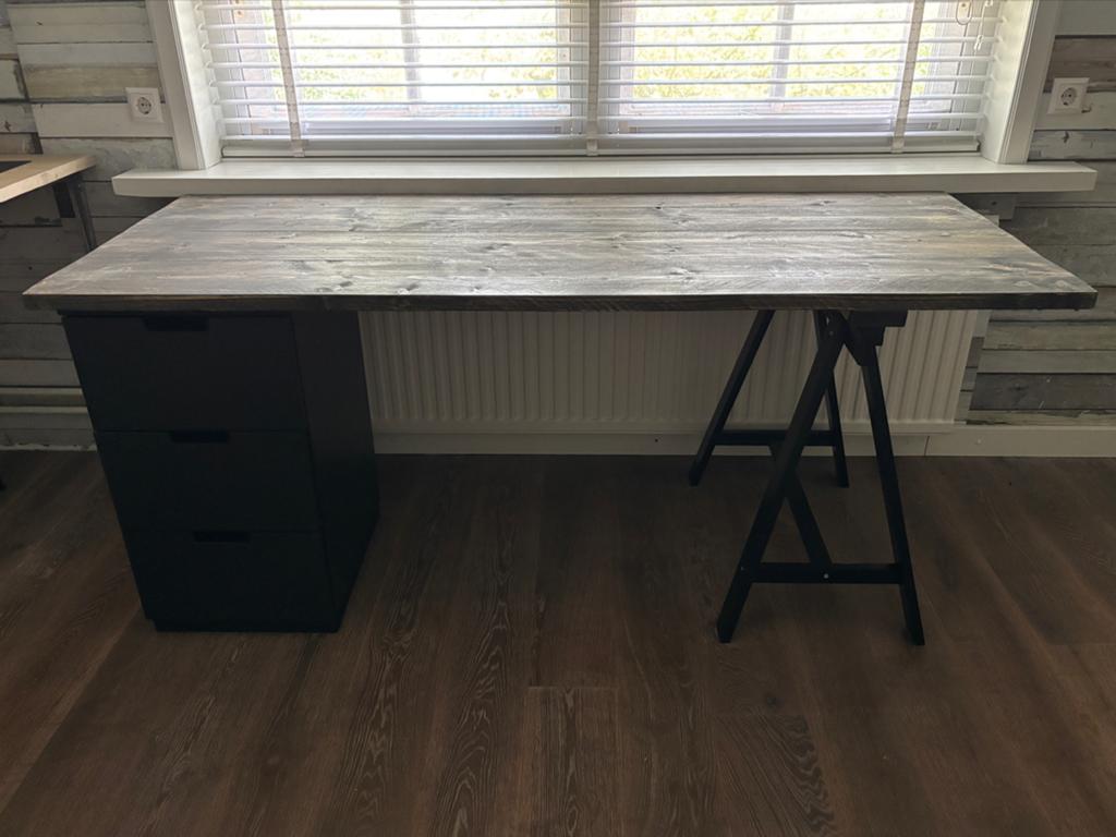 Bureau met gebeitst vuren blad, IKEA NORDLI lades en schraag, Ophalen, Zwart, Gebruikt, IKEA